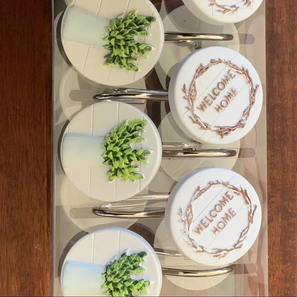 Modern Farmhouse Shower Curtain Hooks Set of 12 Welcome Home White Green Brown